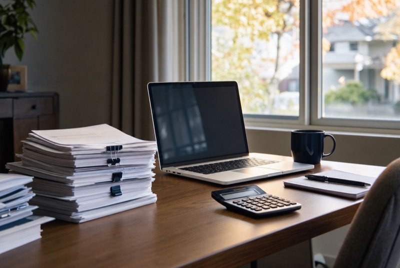 A daylit desk holding a laptop, a calculator and neatly sorted papers