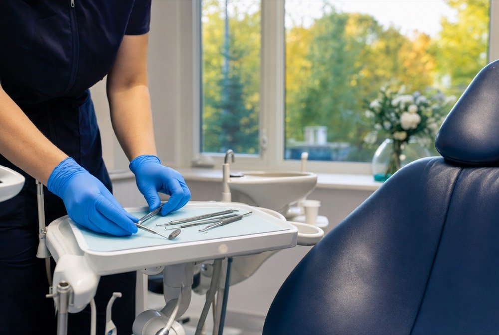 A dentist’s gloved hands setting out clean instruments beside a treatment chair