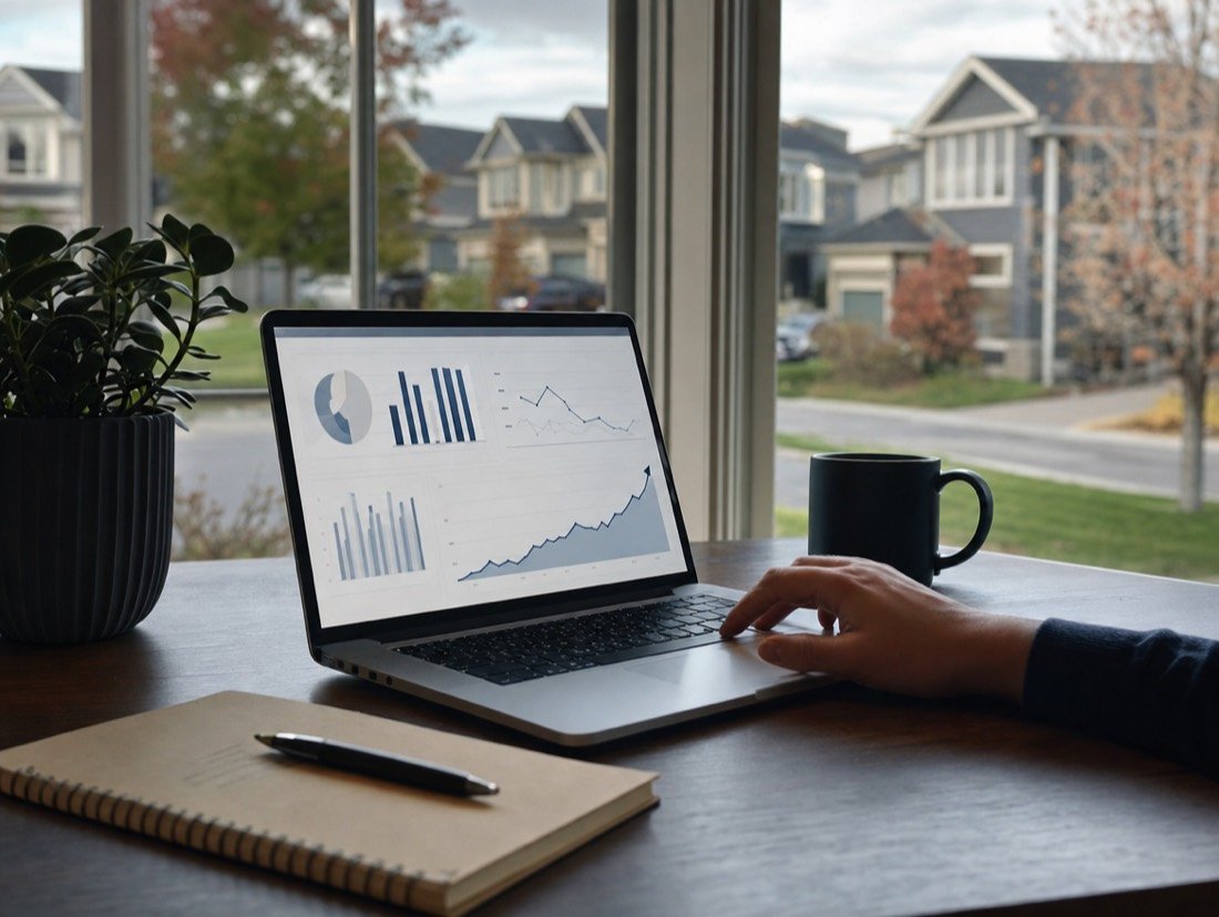 Ad results graphed on a laptop set beside a window, houses visible across the street