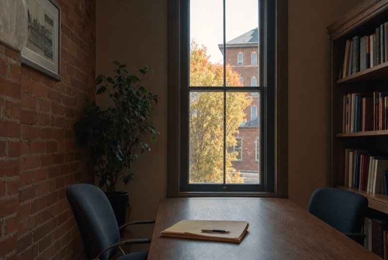 Wooden table with a document folder in a hushed consultation room inside an old brick building