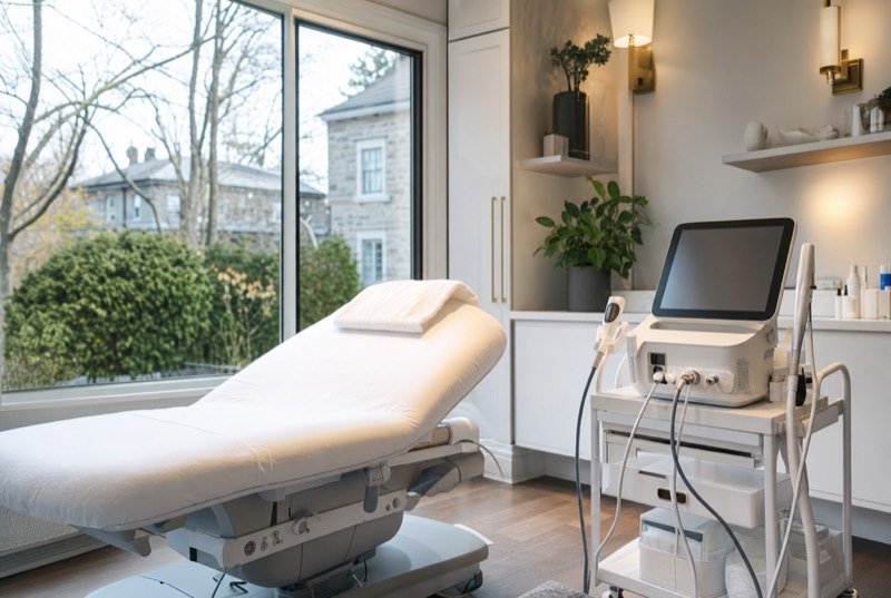 A bright aesthetics treatment room with a white bed, a skincare device on a trolley and tidy shelves