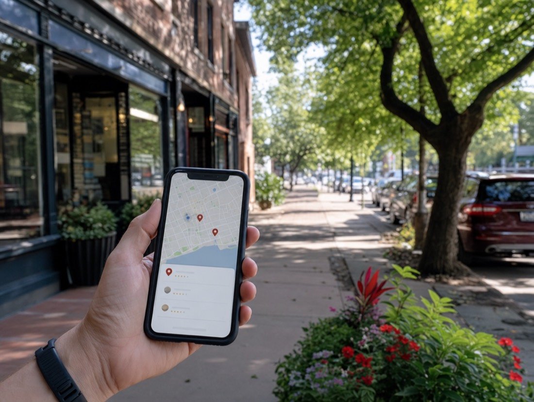 A hand holding a phone with pinned map results in front of a blurred street of brick storefronts and trees