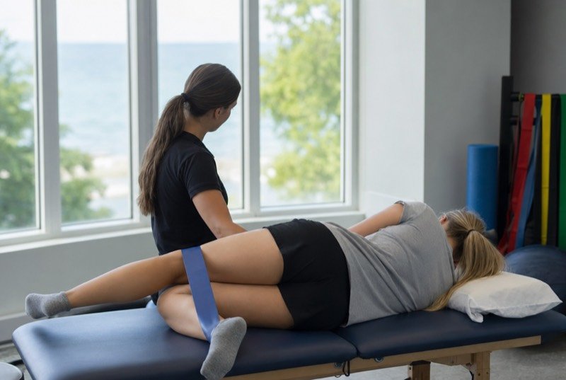 A physiotherapist steering a patient through a knee exercise on a treatment table, exercise bands nearby