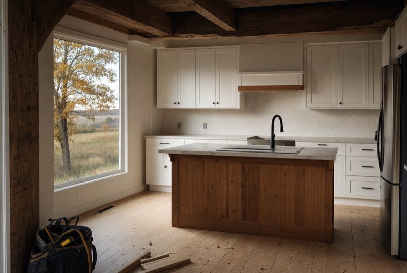 A newly renovated kitchen with white shaker cabinets, a wooden island and exposed original beams