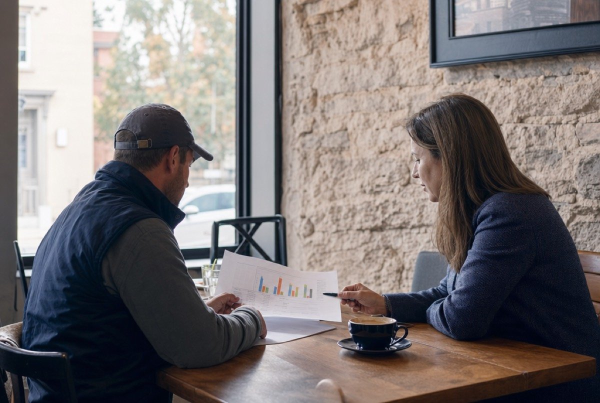 An owner and an advisor reading a printed report together at a café table next to an old stone wall