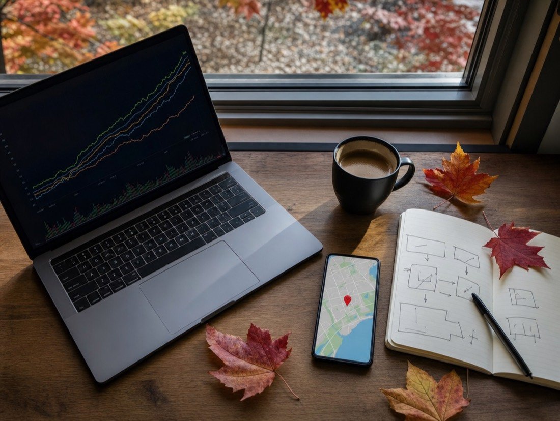 Autumn leaves scattered across a desk holding a laptop with charts, a phone with a map and an open notebook of page sketches