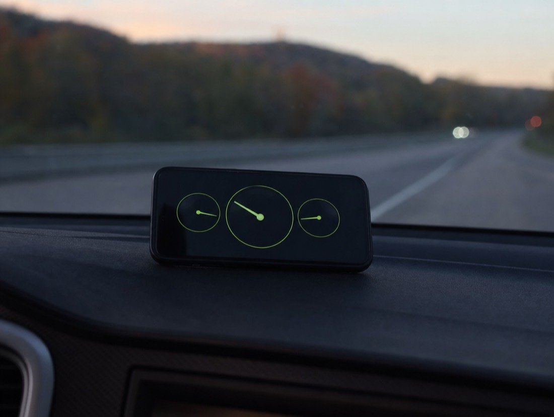 Three green speed gauges on a phone mounted to a car dashboard while driving at dusk