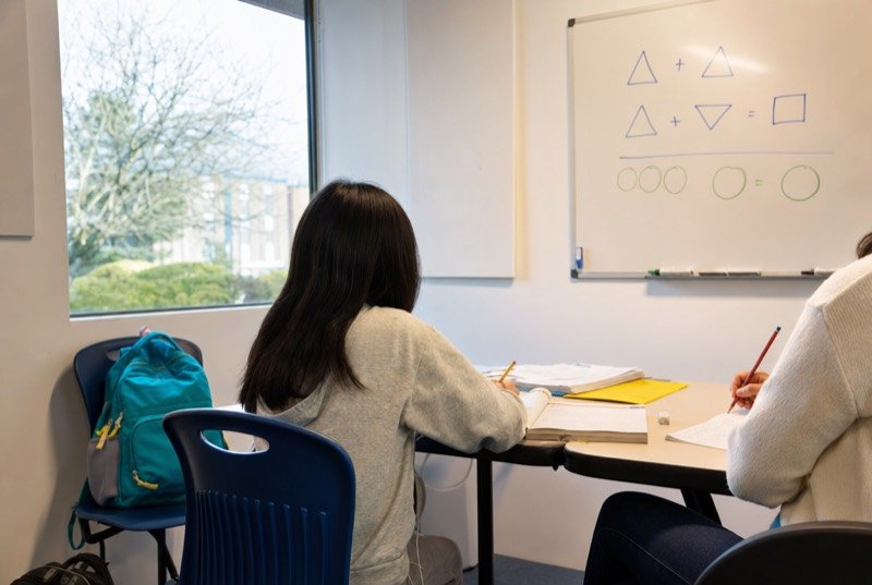 A student seen from behind at a desk in a bright room with a whiteboard and workbooks