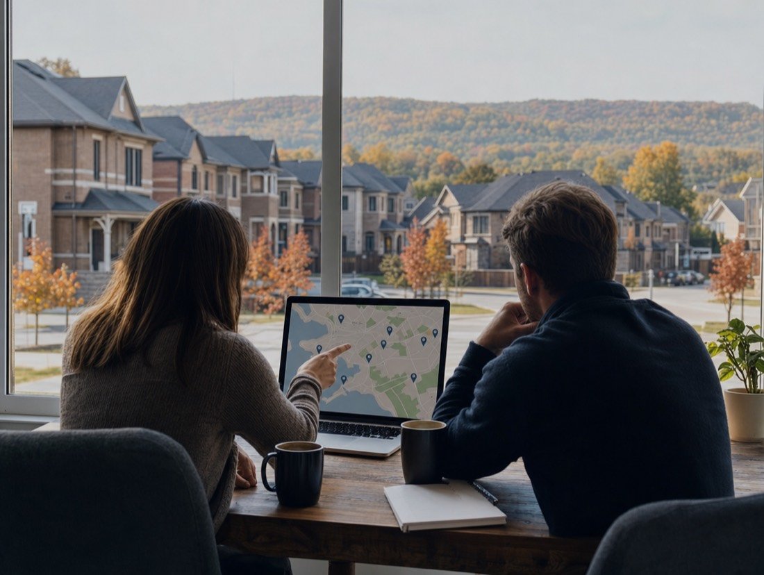 Two people looking over a map on a laptop at a table, rows of newer houses outside the window