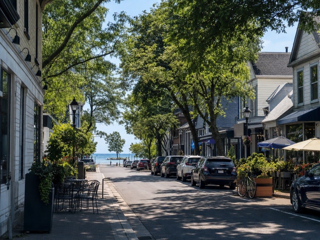 A low-rise main street of small shops with café tables and bicycles on the sidewalk and a lake at the far end