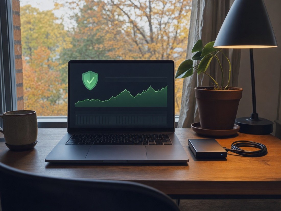 External backup drive beside a laptop whose screen shows a shield icon and an uptime chart