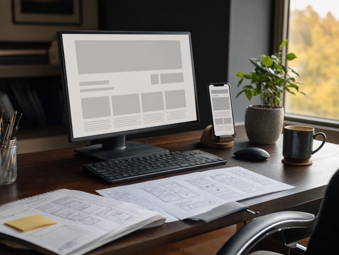 Paper page sketches next to a monitor and phone showing grey wireframe layouts