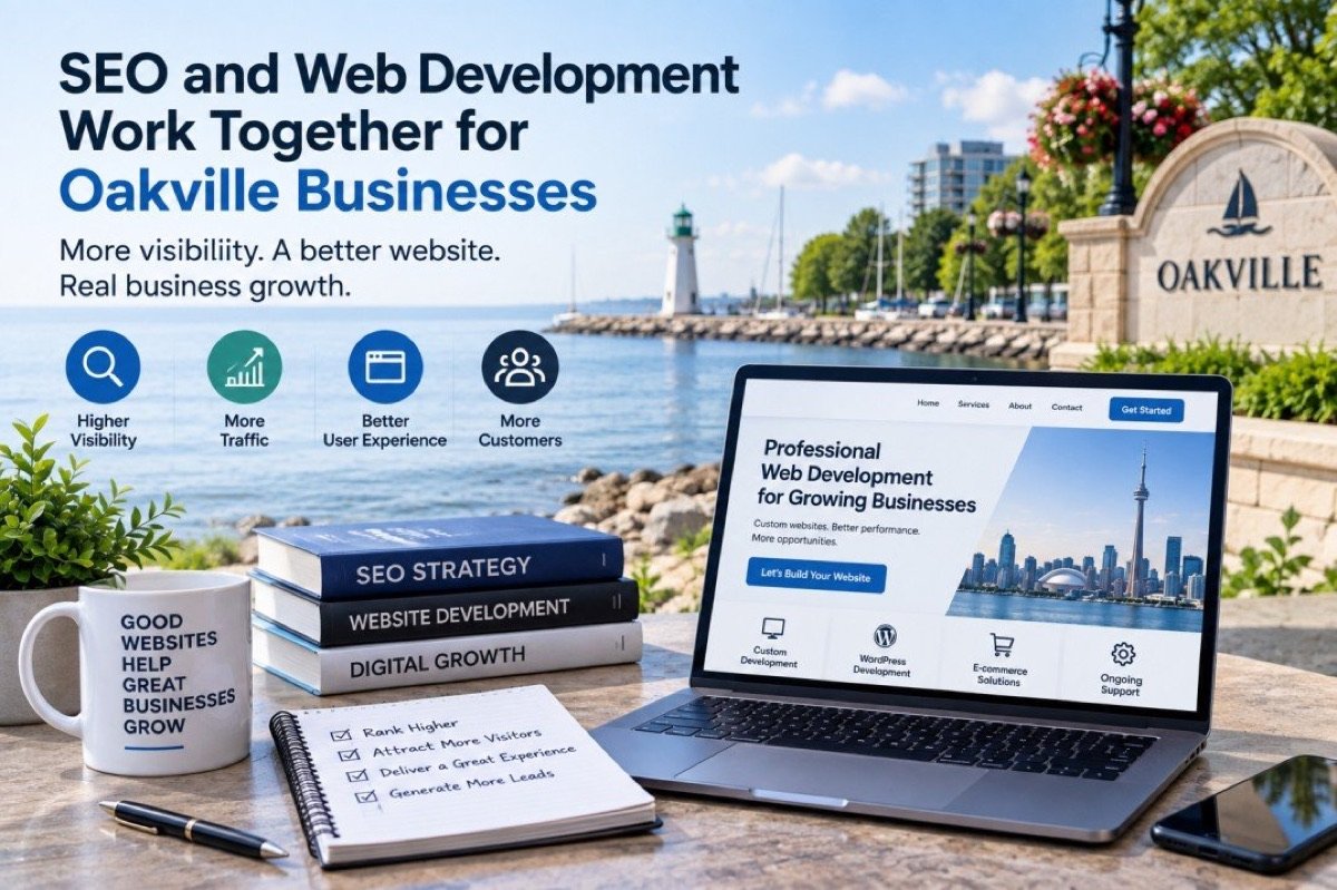 Graphic: “SEO and Web Development Work Together for Oakville Businesses”, with a laptop website mock-up on a lakeside desk